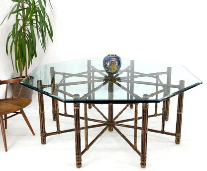 Very Large Octagonal Glass Top Leather Strapped Bamboo McGuire Dining Table