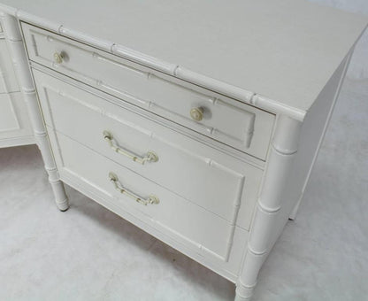 Pair of White Lacquer Faux Bamboo Large Nightstands Three-Drawer Bachelor Chests