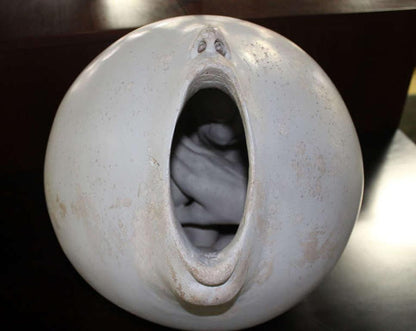 Mid Century Modern Ball Shape Face Open Mouth Pottery Sculpture Signed 1972