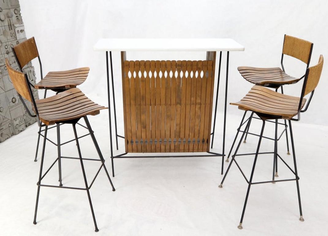 Arthur Umanoff Set of 4 Rattan Wrought Iron Bar Stools with Matching Bar