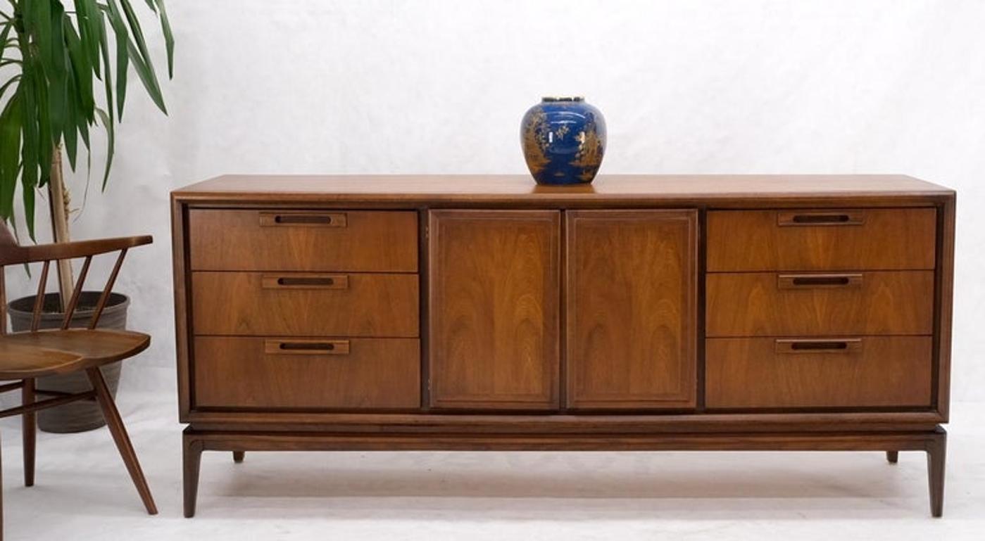 Long Walnut Mid-Century Modern 9 Drawers Credenza Dresser Double Door Cabinet