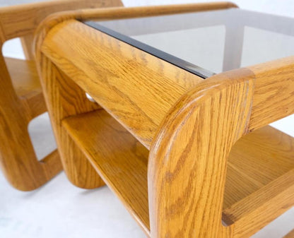 Pair of Mid-Century Solid Oak Smoked Glass Top End Side Tables W Shelves Mint!