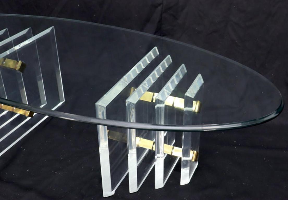 Double Lucite Pedestal Oval Glass Top Coffee Table