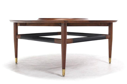 Round Walnut Coffee Table with Raised Black Laminate Lazy Susan Center