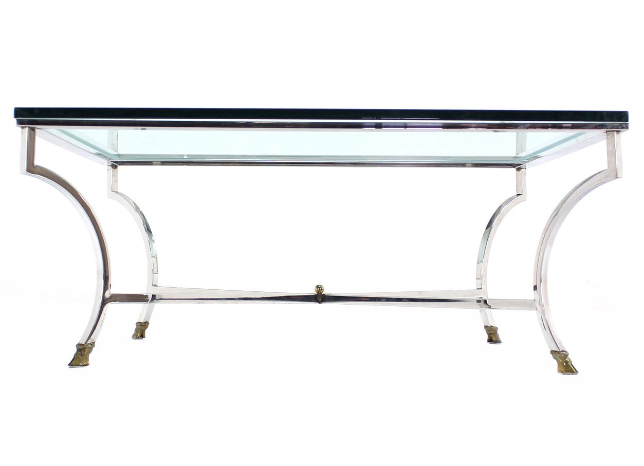 Glass Top Square Coffee Table with Chrome and Brass Hoof-Feet Base