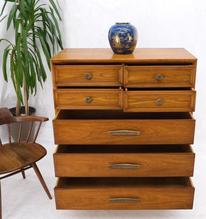 Light Walnut Hammered Brass Pulls 5 Drawer Chest of Drawers Dresser Mint