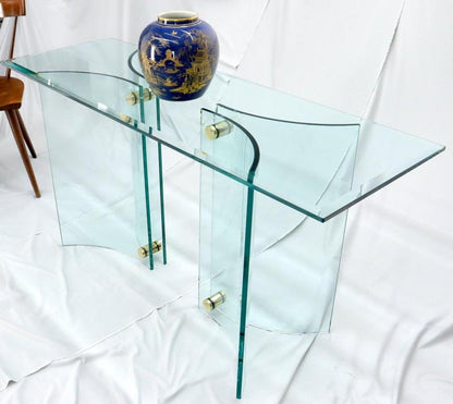 Curved Glass Base Glass Top Brass Stretchers Console Table