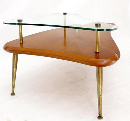 Organic Kidney Comma Shape Two-Tier Glass Top Brass Leg Walnut Coffee Side Table