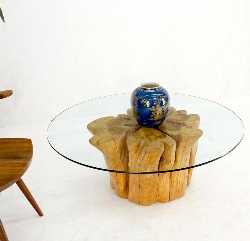 Large Pedestal Natural Blond Wood Tree Stump Base Round Glass Top Coffee Table