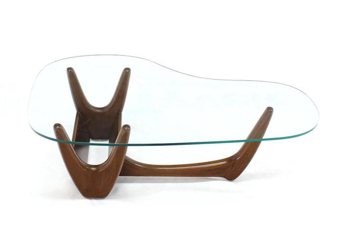 Organic Kidney Shape Glass Top Walnut Coffee Table w/ Planter