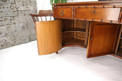 Faux Bamboo Black Leather Top Mahogany Desk with Curved Bottom Doors Compartment