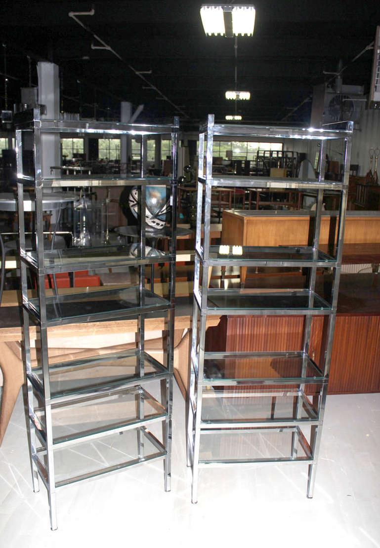 Pair of Tall and Narrow Chrome & Glass Etageres