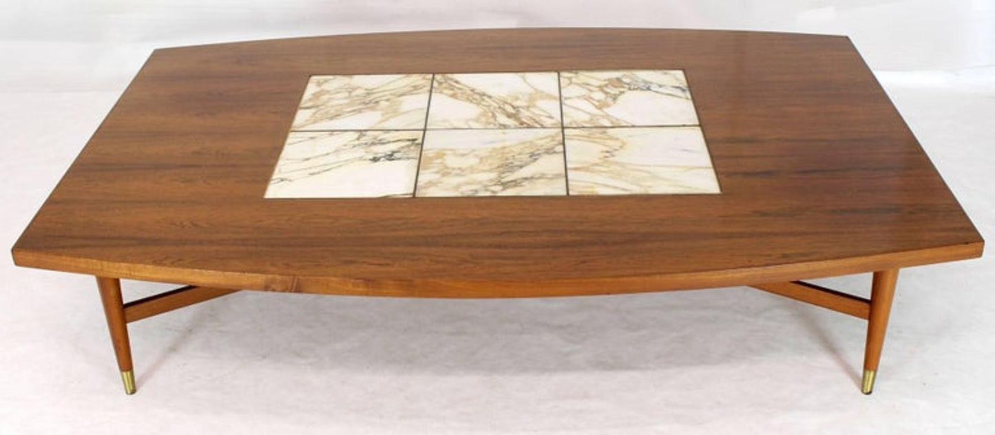 Large Oversize Boat Shape Rosewood & Walnut Coffee Table Brass Inlay Marble Tile