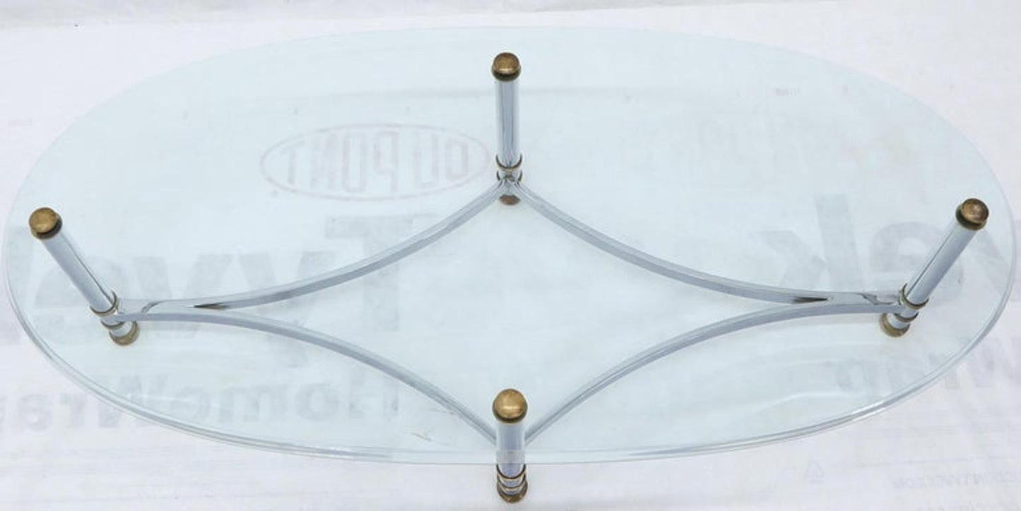 Oval Mid-Century Modern Glass Top Coffee Table on Chrome Frame, Brass Accents