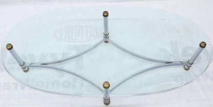 Oval Mid-Century Modern Glass Top Coffee Table on Chrome Frame, Brass Accents