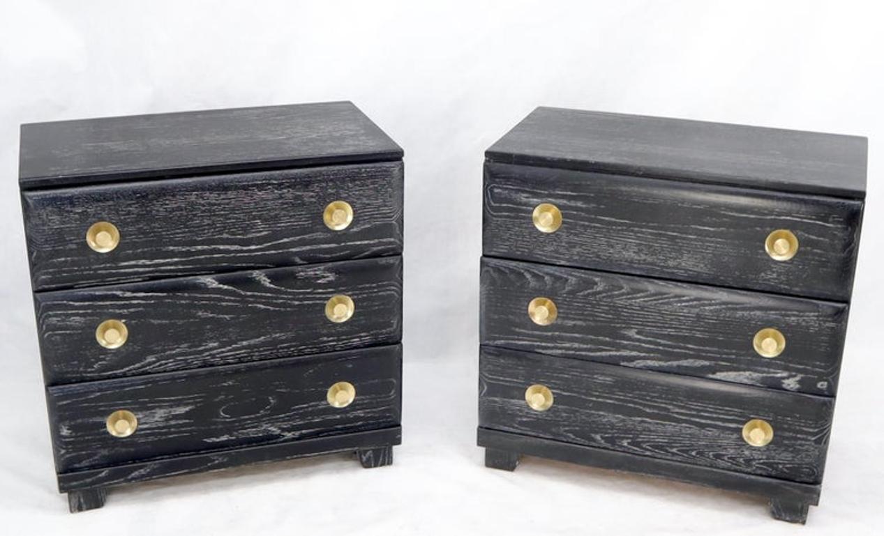 Pair of Cerused Limed Oak Three-Drawer Bachelor Chests with Round Brass