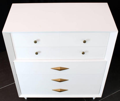 White Lacquer Deco Style High Chest Dresser with Diamond Pulls