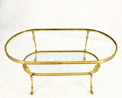 Solid Brass Swan Motive Oval Racetrack Shape Two Tier Coffee Table Mid Century