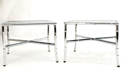 Pair of Chrome Metal Faux Bamboo x Base Smoked Glass End Side Tables