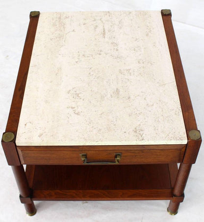 Pair of Travertine Tops One Drawer Oiled Walnut End Side Tables