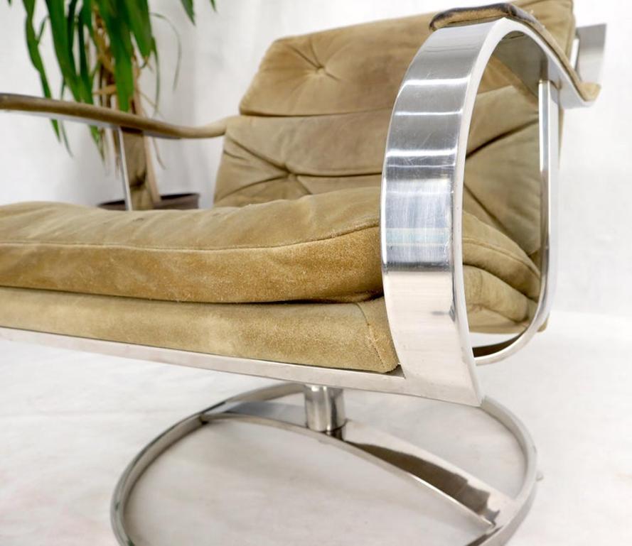Heavy Gage Polished Stainless Steel Swivel Base Suede Upholstery Lounge Chair