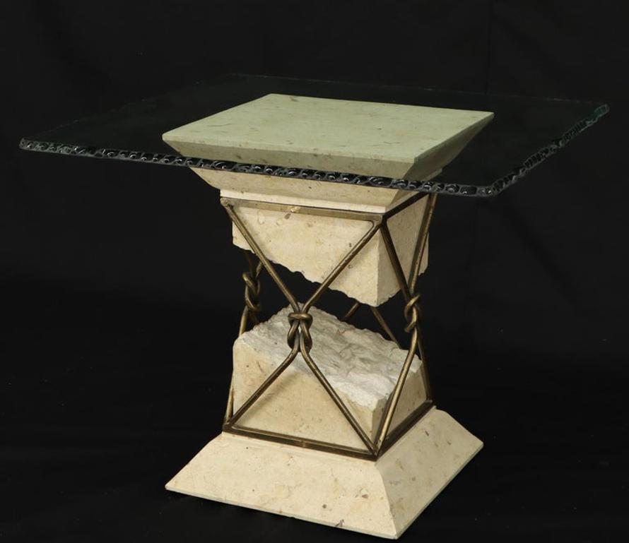 Travertine Stone Wrought Iron Suspended Top Scalloped Glass Coffee Center Table