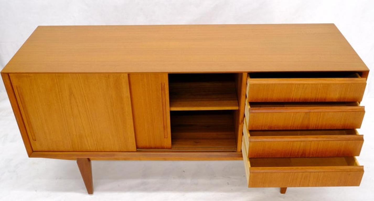 Danish Mid-Century Modern Teak Low 4 Drawers Sliding Doors Compartment Credenza