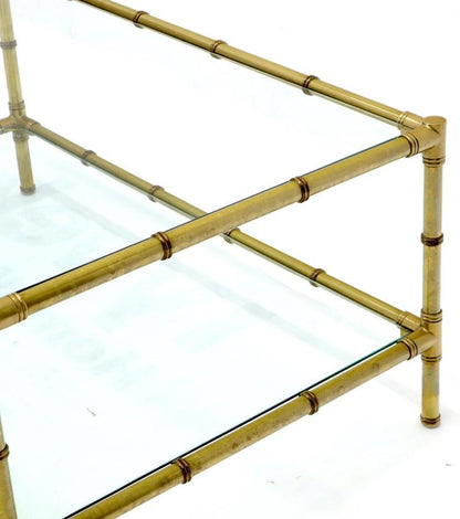 Italian Mid-Century Modern Faux Bamboo Machined Brass Rectangle Two-Tier Coffee