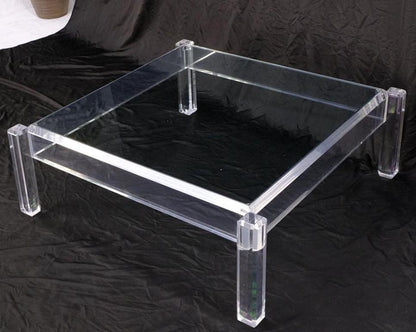 Mid Century Modern Thick Polished Lucite Base Glass Top Square Coffee Table