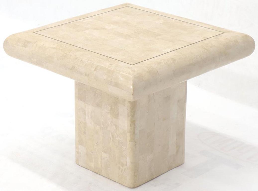 Pair of Square Tessellated Stone Veneer Brass Inlay End Tables Stands