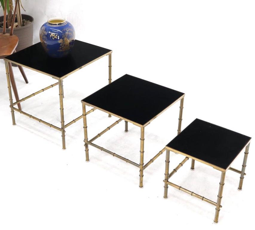 Solid Brass Faux Bamboo Set of 3 Nesting Tables with Black Vitrolite Glass