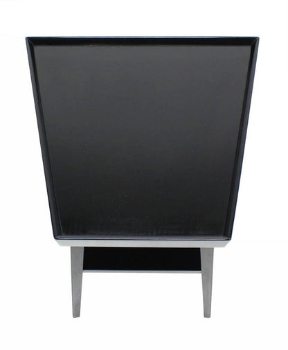 Pair of Black Lacquer Trapezoid Shape Two Tier End Side Tables Stands