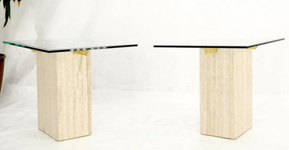 Pair of Travertine Pedestal Bases Brass Frames Glass Tops End Side Tables Stands