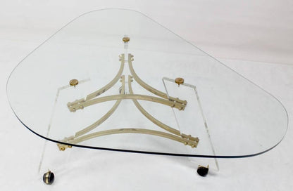 Mid Century Modern Kidney Shape Brass & Lucite Base Coffee Table Mint!