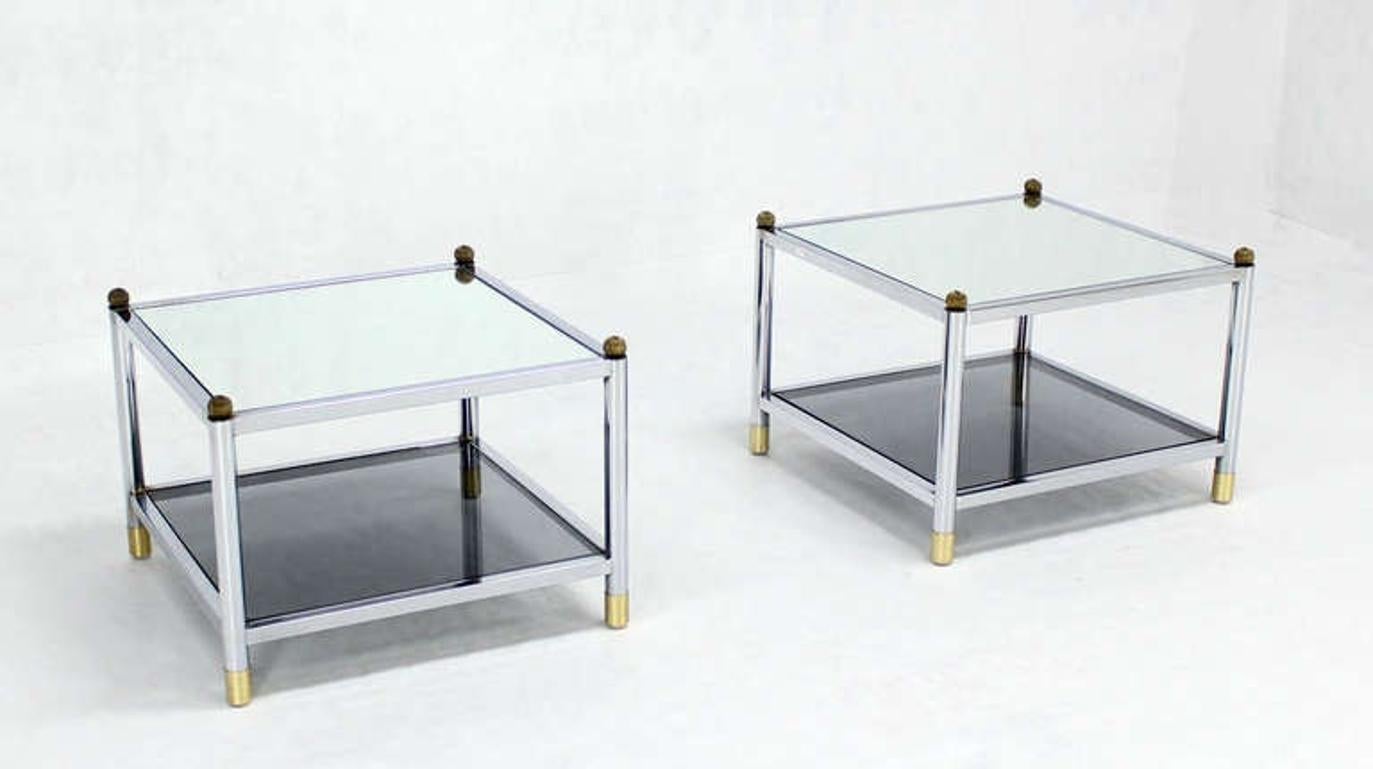 Pair Square Chrome & Brass Smoked Glass Shelf Mirrored Top End Side Tables MINT!