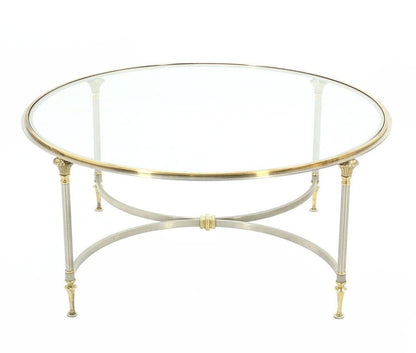 Mid Century Italian Modern Round Glass Top Brass Chrome/Pewter Coffee Table MINT