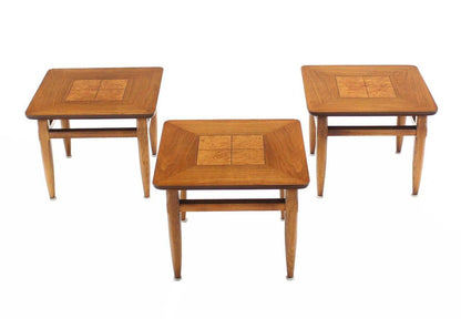 Set 3 Three American Burl Walnut Square End Side Occasional Tables Stands MINT!