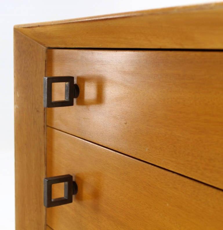 Pair of Mid-Century Modern Blonde Bachelor Chests with Heavy Brass Hardware