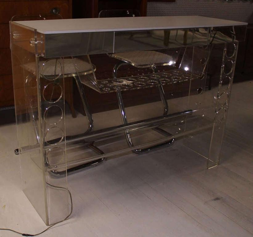 Mid Century Modern Chrome Lucite Bar with Two Bar Stools