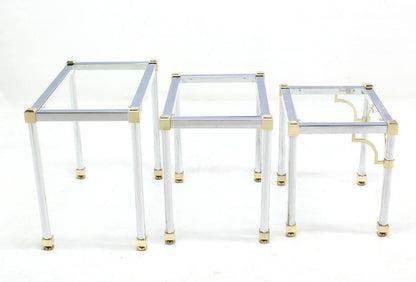 Set of 3  Chrome and Brass Metal Glass Top Nesting Side End Occasional Tables