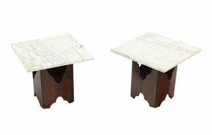 Pair of Mid-Century Modern Walnut Base Square Marble Top End Side Tables MINT