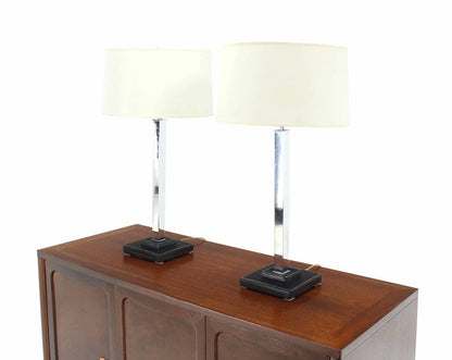 Pair of Chrome Stitched Square Leather Bases  Modern Table Lamps by Nessen MINT