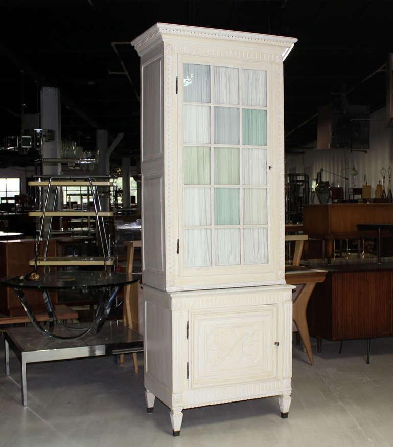 Two Part Step Back Painted White Faux Finish Cupboard Green Blue Glass Vitrine