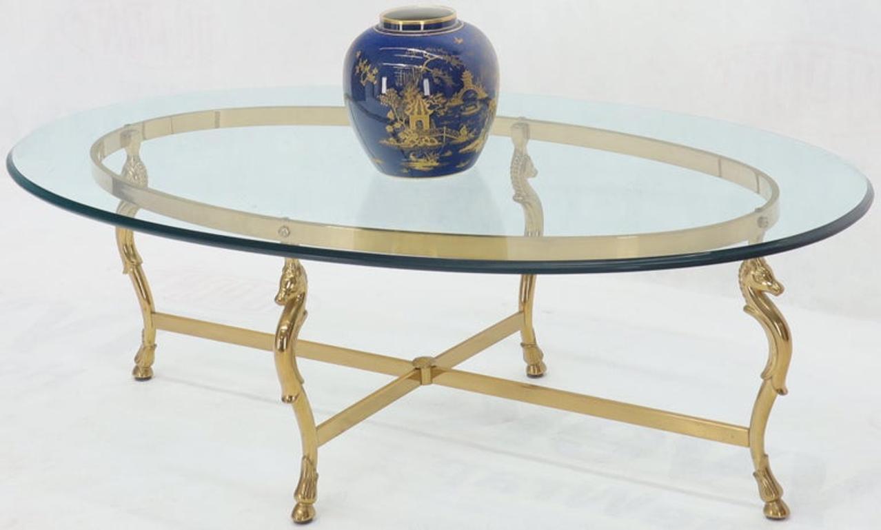 Oval Solid Brass Hoof Feet Horse Heads Base Glass Top Coffee Table