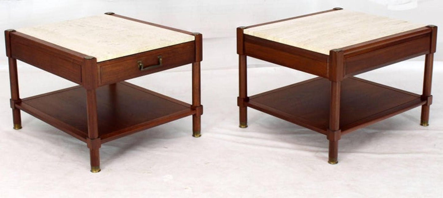 Pair of Travertine Tops One Drawer Oiled Walnut End Side Tables