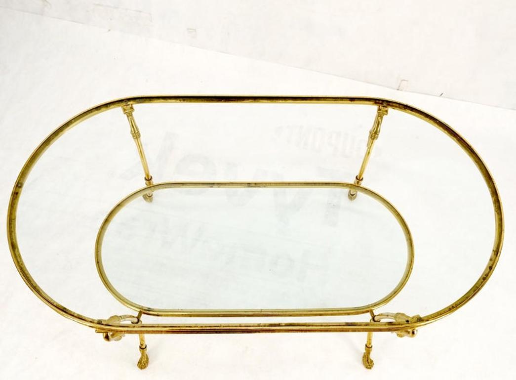 Solid Brass Swan Motive Oval Racetrack Shape Two Tier Coffee Table Mid Century