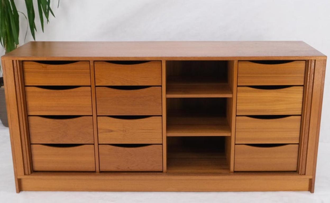 Tambour Doors 12 Deep Drawers 3 Shelves Danish Teak Mid-Century Modern Credenza