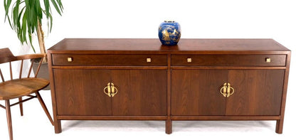 Long Walnut Mid-Century Modern Dresser Credenza w/ Brass Buckle Shape Pulls