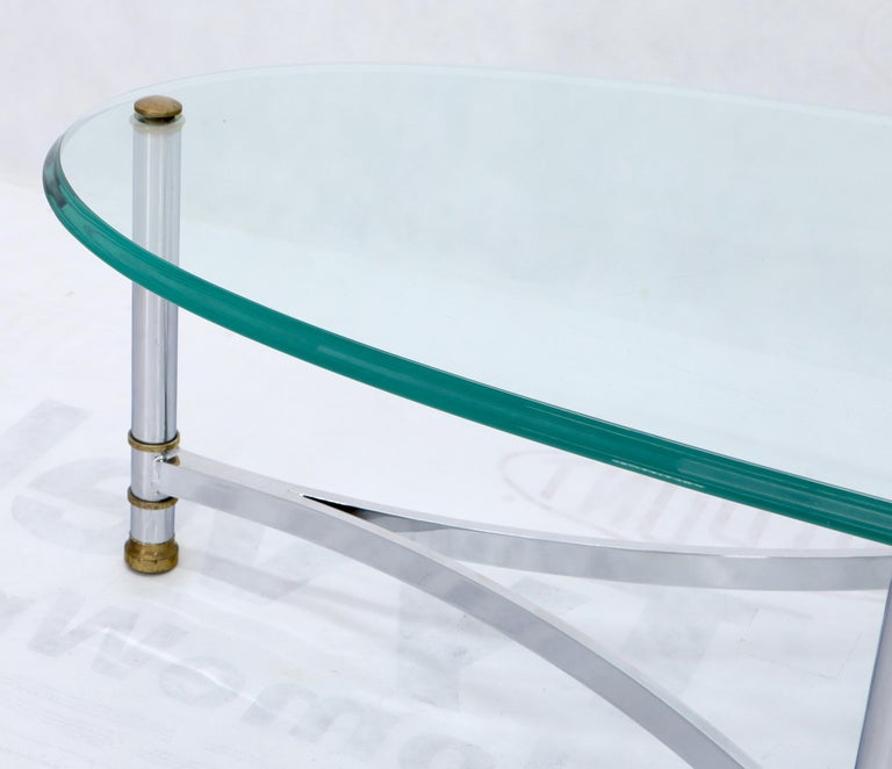 Oval Mid-Century Modern Glass Top Coffee Table on Chrome Frame, Brass Accents