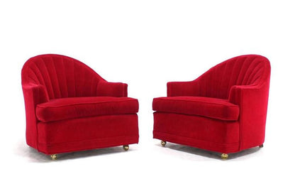 Pair of Red Upholstery Barrel Scallop Shape Back Lounge Chairs